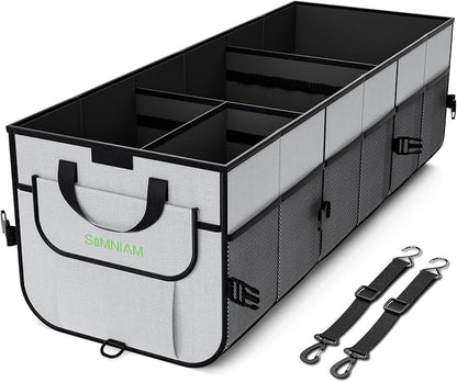 Simniam Car Trunk Organizer with Insulated Grocery Bag- 110L High Capacity Car Storage Box, with 4 Compartments, Reflective Strip, Cover, for Auto, SUV, Truck, Minivan