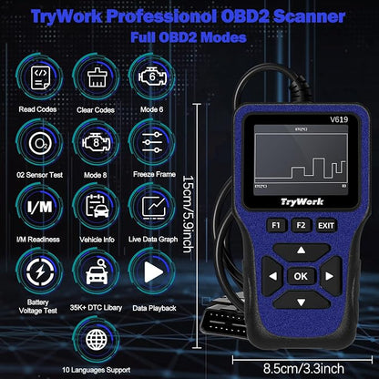 OBD2 Scanner Diagnostic Tool, Check Engine Code Reader with 35901 DTC Lookup, Mode 6 & 8, I/M Readiness for All OBDII Cars Since 1996 (Blue)
