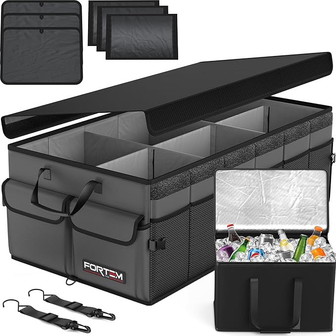 FORTEM Trunk Organizer with Cooler For SUV Car Trunk, Foldable Storage, Car Accessories for Women Men, Collapsible Bag, 600D Oxford, Non Slip Bottom, Straps, Soft Cover (105L)