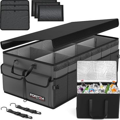 FORTEM Trunk Organizer with Cooler For SUV Car Trunk, Foldable Storage, Car Accessories for Women Men, Collapsible Bag, 600D Oxford, Non Slip Bottom, Straps, Soft Cover (105L)
