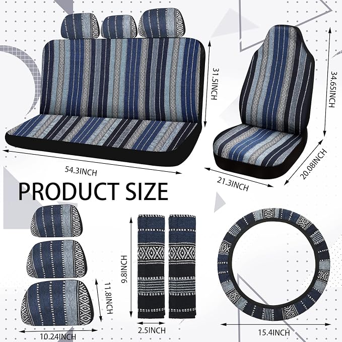 Frienda Baja Saddle Blanket Car Seat Covers Full Set Multicolor Stripe Boho Steering Wheel Cover Seat Belt Pads Crystal Hanging Ornament Automotive Interior Universal Fit Most Cars (Retro Style)