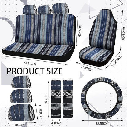 Frienda Baja Saddle Blanket Car Seat Covers Full Set Multicolor Stripe Boho Steering Wheel Cover Seat Belt Pads Crystal Hanging Ornament Automotive Interior Universal Fit Most Cars (Retro Style)