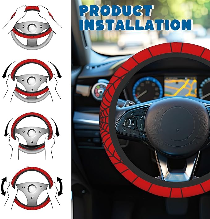 Car Steering Wheel Cover, 14.5"-15" Inch Universal Anti-Slip DurableSteering Wheel Protective Cover, Breathable Auto Interior Decoration Accessories for Sedan SUV Truck (Red Spider Web)