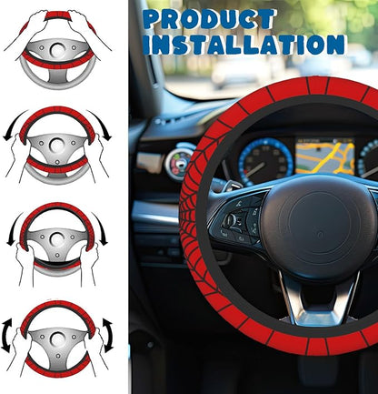 Car Steering Wheel Cover, 14.5"-15" Inch Universal Anti-Slip DurableSteering Wheel Protective Cover, Breathable Auto Interior Decoration Accessories for Sedan SUV Truck (Red Spider Web)