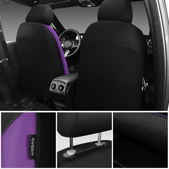 CAR PASS Leather Car Seat Covers Front Seats only, with Air Mesh Front Seat Covers Breathable, Cool Automotive Seat Covers 2 Pack, Universal Fit Most Cars,SUV,Truck,Van Airbag Compatible(Black Purple)