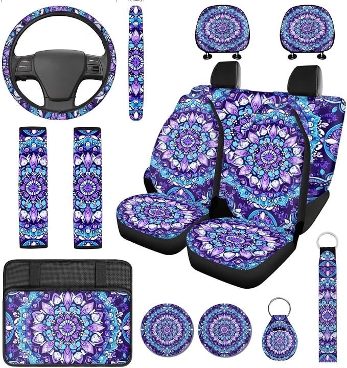 14 Pcs Purple Mandala Car Seat Covers with Steering Wheel Cover,Seat Belt Covers Cup Holder with Keychain,Novelty Purple Floral Automotive Protector Set Universal Fit Cars SUV Truckss