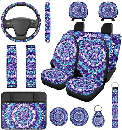 14 Pcs Purple Mandala Car Seat Covers with Steering Wheel Cover,Seat Belt Covers Cup Holder with Keychain,Novelty Purple Floral Automotive Protector Set Universal Fit Cars SUV Truckss
