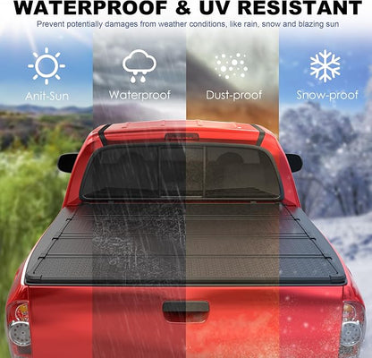 MOSTPLUS Quad Fold Hard Truck Bed Tonneau Cover Compatible with 2007-2013 Toyota Tundra Fleetside w/OE Rail System 5.5 FT 66.7 inch -4 Fold Aluminum Bed Cover