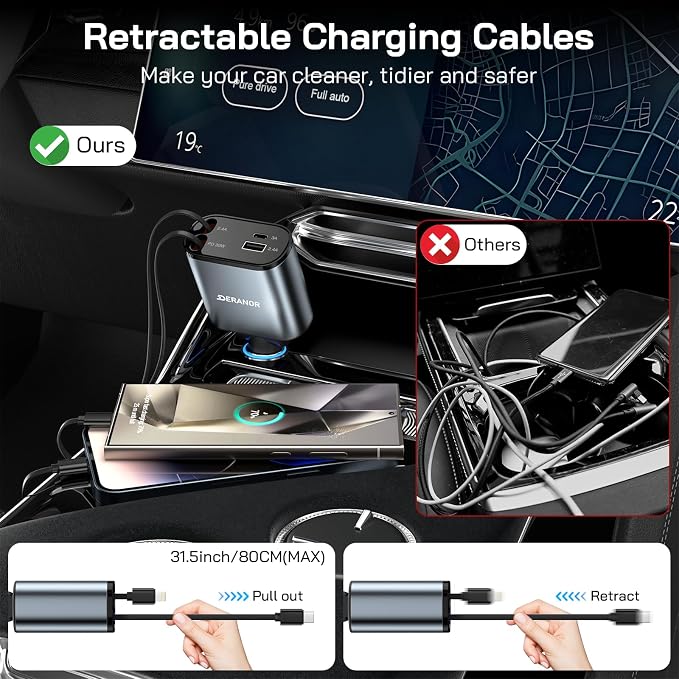[2 Pack] Retractable Car Charger 4 in 1 Fast Car Phone Charger 69W, USB C Car Truck Accessories Adapter with 2X Retractable Charger Cords and 2X USB Ports for i Phone 17/16/15/14, for Samsung S25/S24