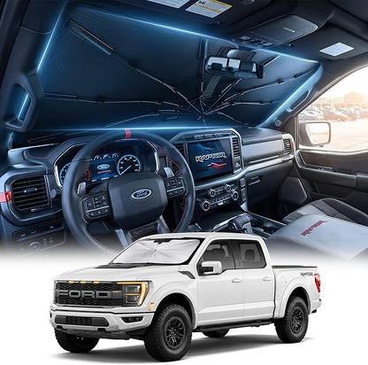[2026 Upgraded] DooGooCoo Windshield Sun Shade Umbrella for Ford F150 F250 F350 F450 [100% Sunlight Blocked, Cooling Ice Crystal] Sunshade for Car Windshield for f150 Sun Shade 2015-2026.