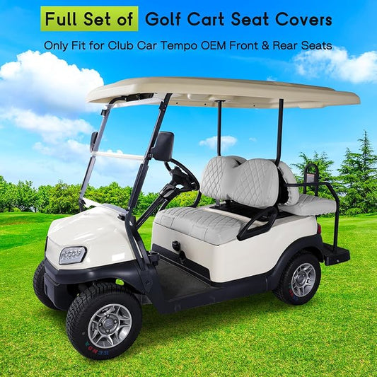 Full Set Golf Cart Seat Covers for Club Car Tempo OEM, Grey | Front & Rear Set (2-Piece), Premium Vinyl Leather Replacement Standard Cushion Covers, No Tools Needed & Easy to Clean