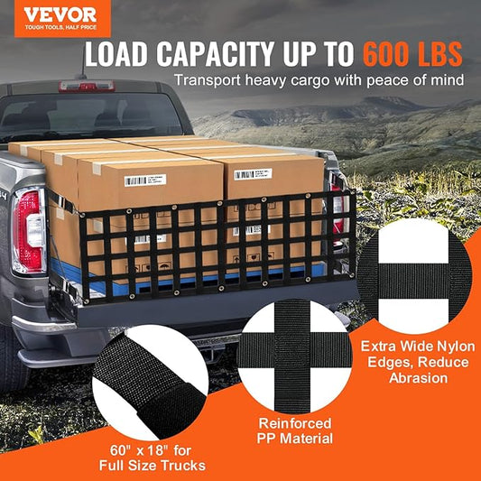 VEVOR Tailgate Net, 60 in x 18 in, Truck Bed Extender Tailgate Cargo Net with 4 Adjustable Buckle Straps, Extendable & Durable, Suitable for Truck, Trailer, Pickup, SUV