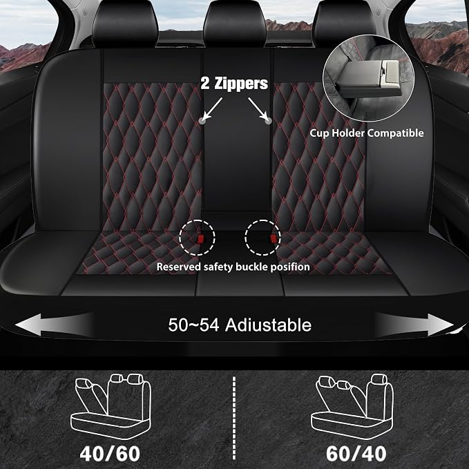 CAROMOP Faux Leather Car Seat Covers Full Set,Luxury and Comfortable Covers for Cars,Split Bench Compatible Car Interior Covers,Universal Fit for Suvs,Vans,Trucks,Airbag Compatible(5-Seat Black/Red)