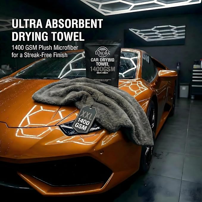 Car Drying Towel Extra Large 36" x 24" 1400 GSM Twisted Loop Microfibre - Charcoal Drying Towel Car Detailing, Double-Sided Edgeless Design, Super Absorbent, Durable Machine Washable and Lint-Free