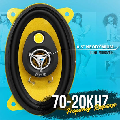 Pyle Car Three-Way Speaker System-Pro 4x6Inch 180W 4Ohm Mid Tweeter Component Audio Sound Speakers For Car Stereo w/30Oz Magnet Structure, 2” Mount Depth Fits Standard OEM-PLG46.3 (Pair),Black/Yellow