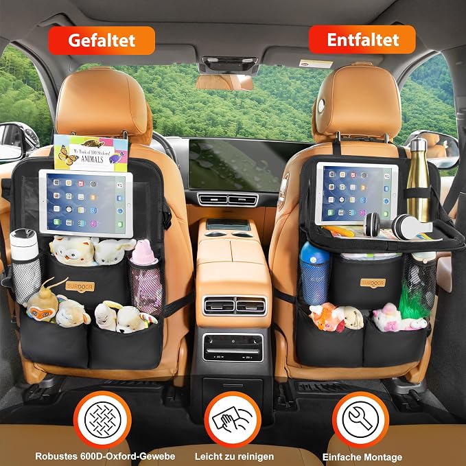 SURDOCA Backseat Car Organizer with Foldable Tray for Kids & Adults – NEW MODEL Seat Storage with Touchable Tablet Pocket, Roadtrip Essentials – Fits Most Vehicles