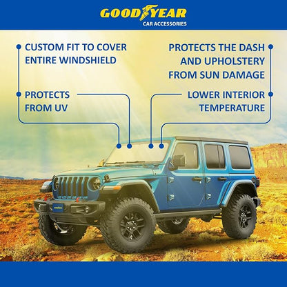 Goodyear Foldable Windshield Sunshade for Jeep Wrangler 2018-2026, SUV car Accessories, Sunshade Cover, Sun Shade Car Windshield, Window Sun Blocker - GY008210