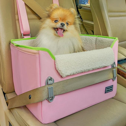 PETSFIT Small Dog Car Seat – Patented Safety Buckles – Safety Tether – Foldable Travel Cat Car Seat Reduces Anxiety & Road Trips – Stable Frame, Soft Cushion, Fits Front/Back Seat (Pink)