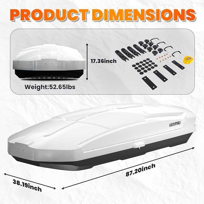 26 Cu Ft Cargo Box, Hard Shell Roof Cargo Carrier with Security Keys, 87.20" x 38.19" x 17.36" Roof Box, Dual-Sided Opening, Tool-Free Install, White