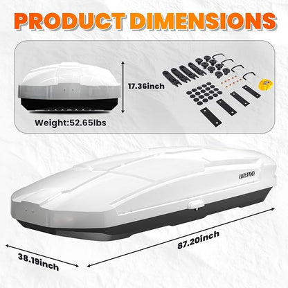 26 Cu Ft Cargo Box, Hard Shell Roof Cargo Carrier with Security Keys, 87.20" x 38.19" x 17.36" Roof Box, Dual-Sided Opening, Tool-Free Install, White