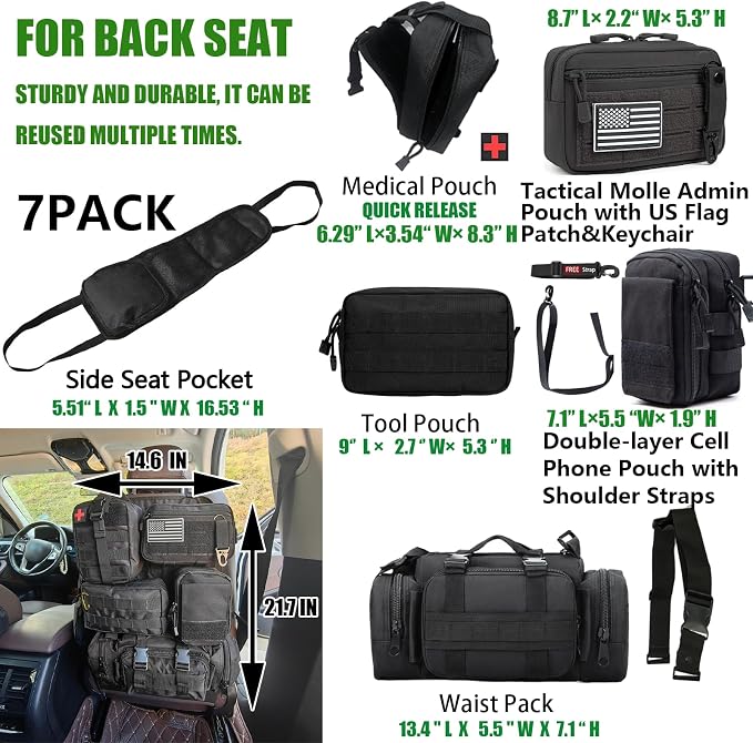7 PACK Tactical Seat back organizer Truck organizer With 6 Detachable Pouches Universal For Car Truck Ford Jeep Military-Grade Heavier Panels With Multi-functional Packs (7-PACK-Upgrade)