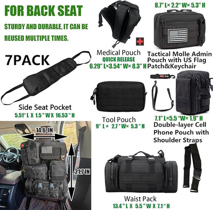 7 PACK Tactical Seat back organizer Truck organizer With 6 Detachable Pouches Universal For Car Truck Ford Jeep Military-Grade Heavier Panels With Multi-functional Packs (7-PACK-Upgrade)