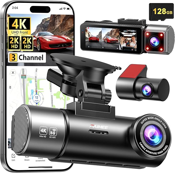 4K+2K+2K 3 Channel Dash Cam Front and Rear, 128GB Card Included, Dash Camera for Cars 5.8G/2.4G Dual Wifi, Built-in GPS, Night Vision, WDR, 170°Wide Angle, G-Sensor Emergency Lock, 24H Parking Monitor