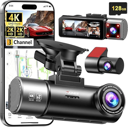 4K+2K+2K 3 Channel Dash Cam Front and Rear, 128GB Card Included, Dash Camera for Cars 5.8G/2.4G Dual Wifi, Built-in GPS, Night Vision, WDR, 170°Wide Angle, G-Sensor Emergency Lock, 24H Parking Monitor