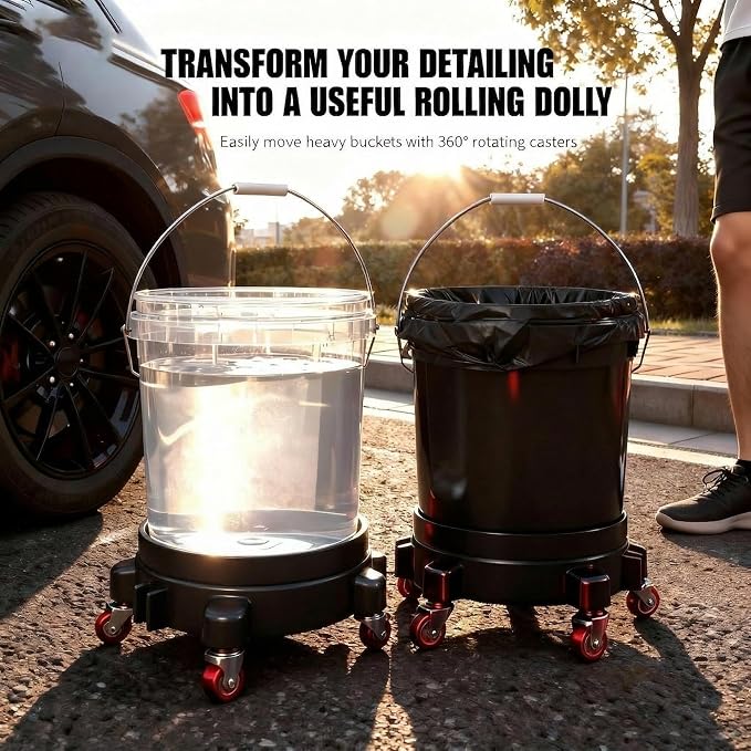 1 Pc 5 Gallon Bucket Dolly 11 Inch 1 Black Set | 1 car Washing Glove 5 Heavy Duty Wheel Casters 360°Rolling Connectable Locking Black Set for Car Wash Garden & Garage