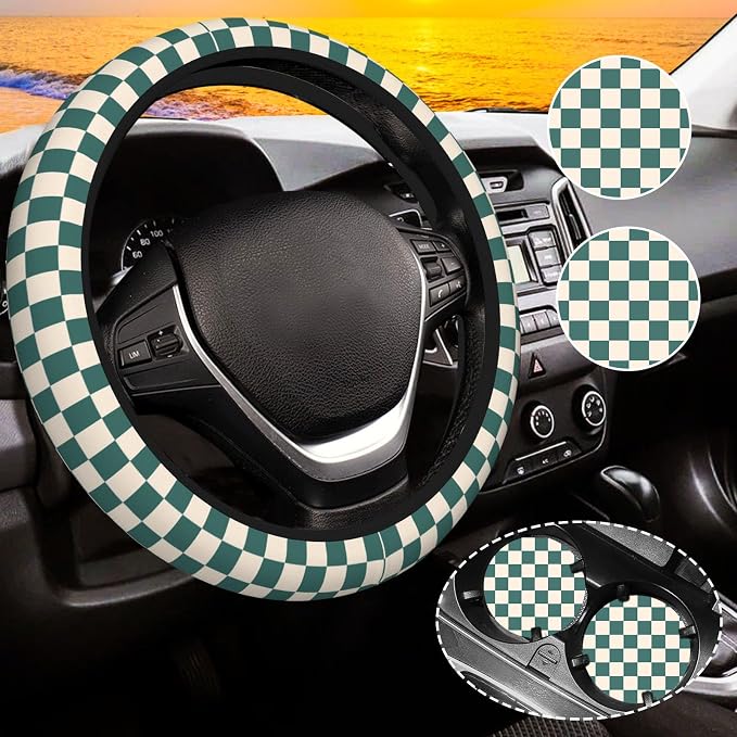 Dark Green Steering Wheel Cover for Women, Universal Auto Steering Wheel 14-15 Inch Car Interior Accessories with 2PCS Car Coasters, Suitable for Men and Women