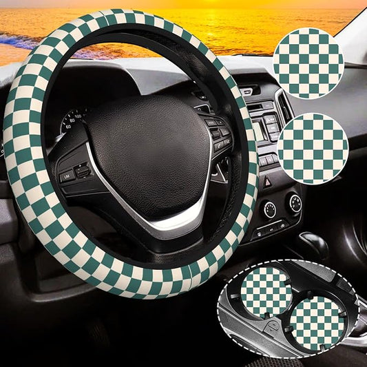 Dark Green Steering Wheel Cover for Women, Universal Auto Steering Wheel 14-15 Inch Car Interior Accessories with 2PCS Car Coasters, Suitable for Men and Women