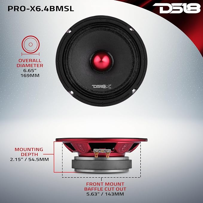 DS18 PRO-X6.4BMSL Slim Loudspeaker - 6.5", Midrange, Red Aluminum Bullet, 400W Max, 200W RMS, 4 Ohms - Premium Quality Audio Door Speakers for Car or Truck Stereo Sound System (1 Speaker)