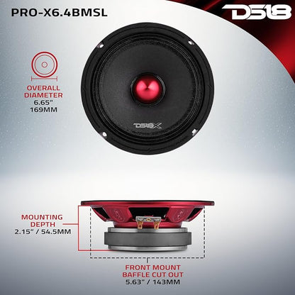 DS18 PRO-X6.4BMSL Slim Loudspeaker - 6.5", Midrange, Red Aluminum Bullet, 400W Max, 200W RMS, 4 Ohms - Premium Quality Audio Door Speakers for Car or Truck Stereo Sound System (1 Speaker)