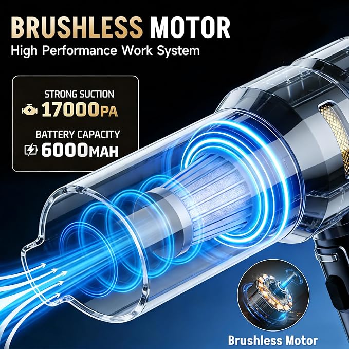 Handheld Car Vacuum Cordless, 17000PA Mini Car Vacuum Portable Cordless, Brushless Motor with Digital Display, Car Vacuum Cleaner for Office Desk Home Kitchen Car Pet Hair, Travel