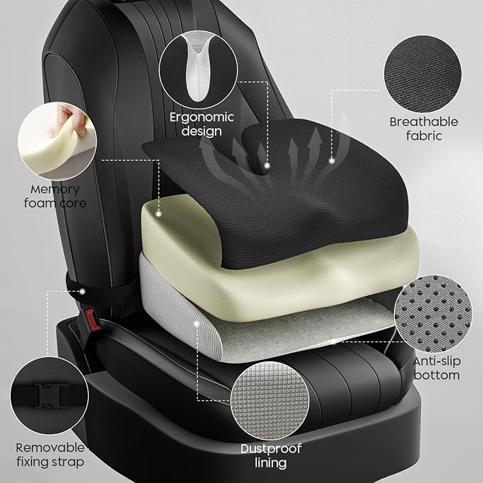 Adult Car Booster Seat Cushion - Memory Foam Car Seat Wedge Cushion - Coccyx Cushion for Tailbone Pain - Driver Seat 3 Inch Height Boost Cushion - for Cars, Trucks, Home & Office Chairs, Black