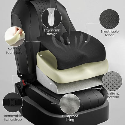 Adult Car Booster Seat Cushion - Memory Foam Car Seat Wedge Cushion - Coccyx Cushion for Tailbone Pain - Driver Seat 3 Inch Height Boost Cushion - for Cars, Trucks, Home & Office Chairs, Black