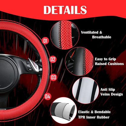 CAR PASS 3D Air Mesh Car Seat Covers Full Sets w/5mm Sponge, 4Pcs Waterproof Car Floor Mats, Steering Wheel Cover Universal Fit for SUV Sedan Truck, Airbag Compatible Automotive Interior(Black & red)
