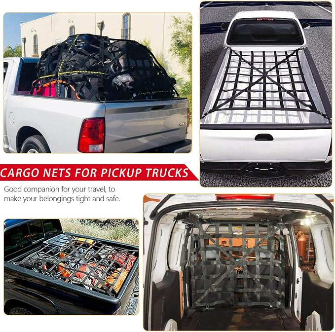 Surmountway Heavy Duty Cargo Net - 66" x 50", 1100LBS Capacity, Cam Buckles & S-Hooks, Fits Pickup Truck & Trailer Beds