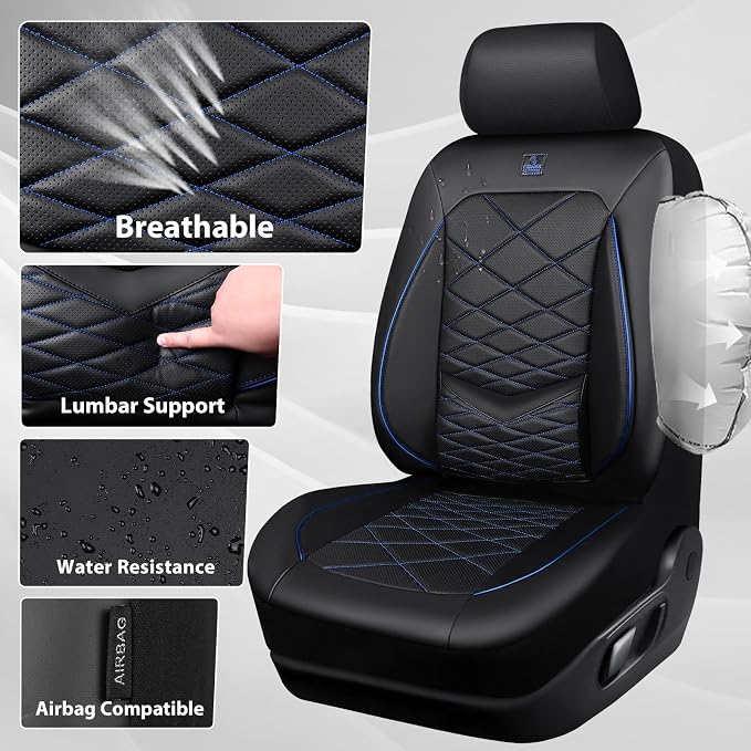 CAR PASS Luxury Nappa Leather Seat Covers Front, Water Resistant 3D Memory Foam Car Seat Covers with Lumbar Support,Thick Seat Cover Airbag Compatible Universal Fit for Sedan SUV Van Truck, Black Blue