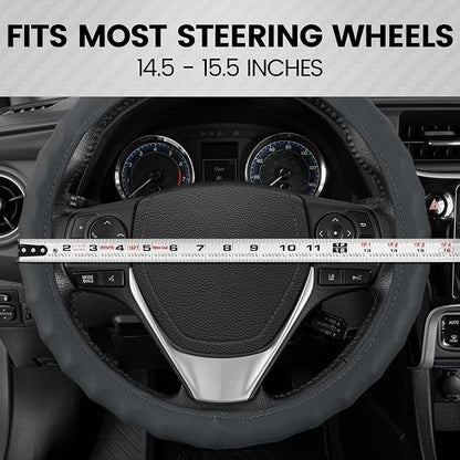 BDK SW-899-MG Genuine Leather Car Steering Wheel Cover 14.5-15 inch Medium/Gray, Easy Installation
