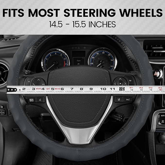 BDK Genuine Gray Leather Steering Wheel Cover for Car, Medium (14.5" - 15.5") – Ergonomic Comfort Grip for Men & Women, Universal Fit Car Steering Wheel Cover for Most Vehicles