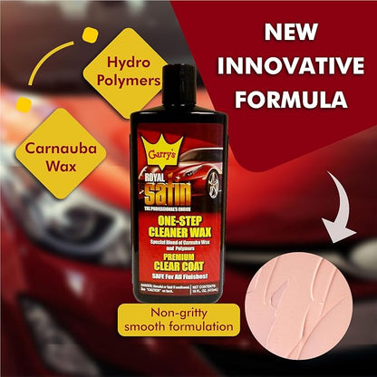 Experience Brilliance and Protection with Garry's Royal Satin One Step Automotive Cleaner Wax - Restores Shine, Removes Oxidation, Carnauba/Hydro-Polymers Formula - 16 Oz Liquid
