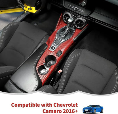 RT-TCZ Center Console Gear Shift Panel Trim Cover Cup Holder Frame Interior Decoration Kit Accessories for Chevrolet Camaro 2016-2022,Red Carbon Fiber