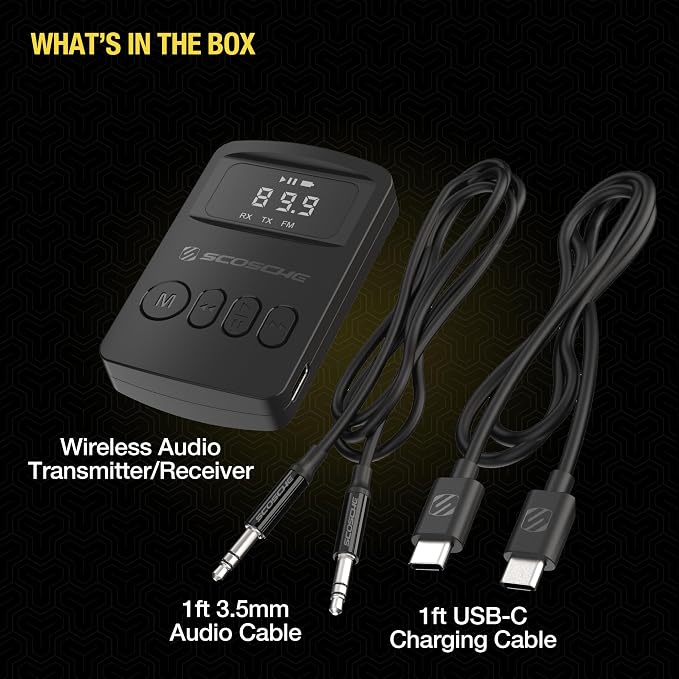 Scosche BTTRFM Portable Bluetooth Transmitter & Receiver + FM Adapter, Wireless Audio Adapter for Car, TV, Airplane, Home Stereo, Headphones with AUX & FM, Low Latency, 30–40ft Range, 7hr Battery Life