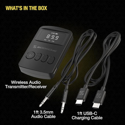 Scosche BTTRFM Portable Bluetooth Transmitter & Receiver + FM Adapter, Wireless Audio Adapter for Car, TV, Airplane, Home Stereo, Headphones with AUX & FM, Low Latency, 30–40ft Range, 7hr Battery Life