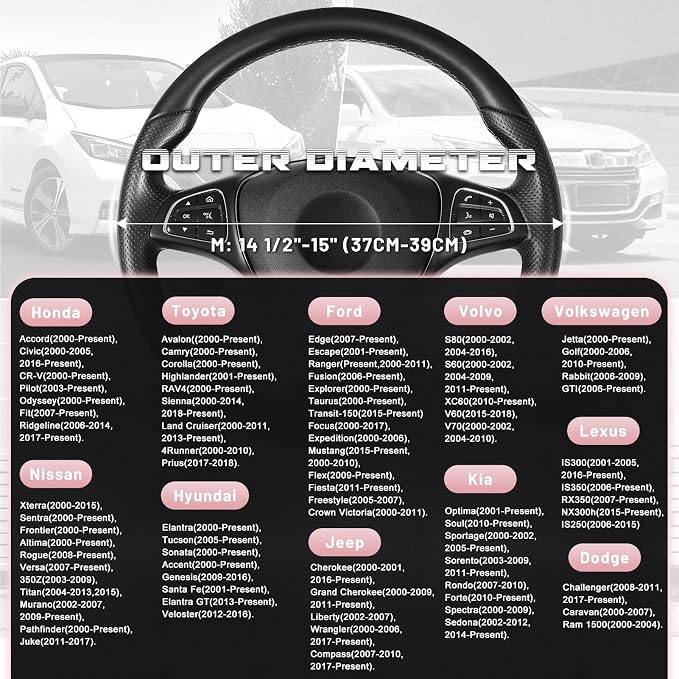 SEG Direct Steering Wheel Cover for Car, Standard Size 14.5-15 inch, Auto Interior Accessories, Black and Pink