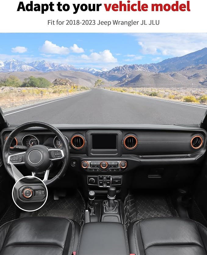 JWWY JL AC Air Vent Trim Rings & Dashboard Headlight Switch Decor Switch Knob Cover Kit Fit for 2018-2023 Jeep Wrangler JL JLU Interior Accessories, Aluminum Alloy 8PCS Orange
