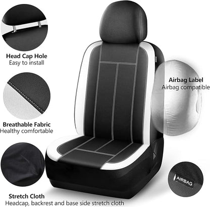 HChengkikz Car Seat Covers Front Seat, Waterproof Neoprene Seat Covers, Car Seat Cover Airbag Compatible, Universal Automotive Comfort for Most Cars, Trucks, SUVs (Black + White)