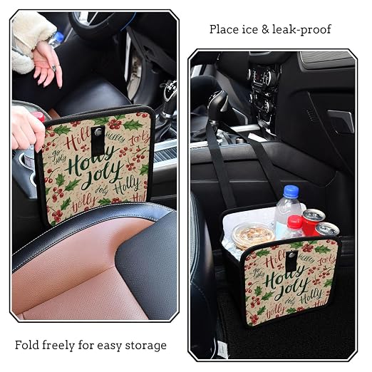 Car Trash Can Organizer Bin with Adjustable Strap for Back Front Seat Console Waterproof Leakproof Collapsible Portable 8.66 Inch Beige Cherries Holly Jolly