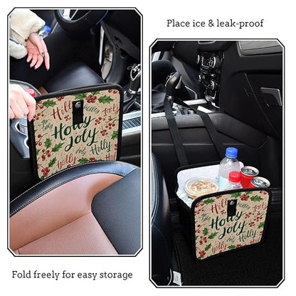 Car Trash Can Organizer Bin with Adjustable Strap for Back Front Seat Console Waterproof Leakproof Collapsible Portable 8.66 Inch Beige Cherries Holly Jolly